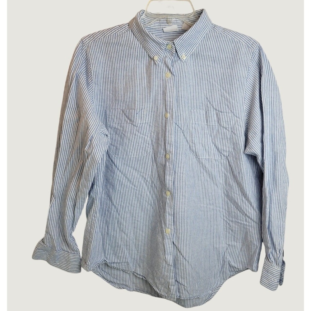 Cherokee Button Down Shirt Classic Preppy Striped Long Sleeve Blue White Large
